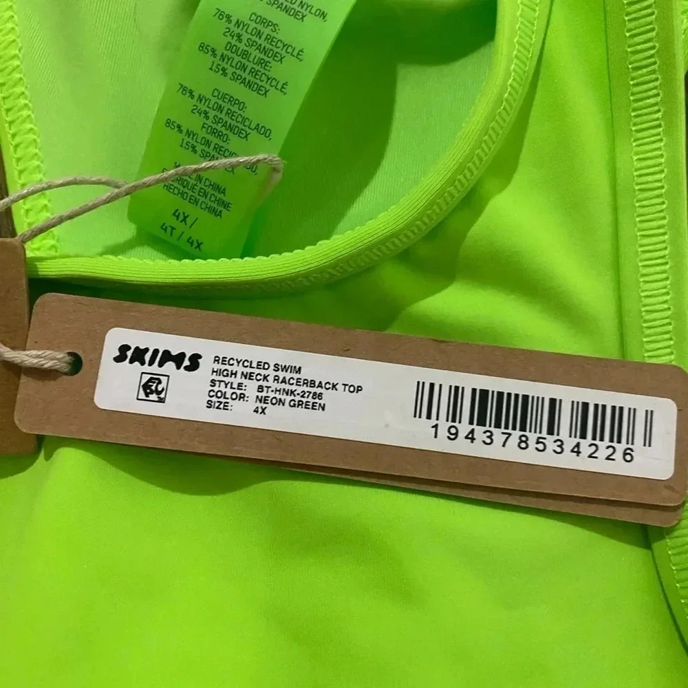 SKIMS 3 piece swim set Skirt Racerback top long sleeve top Neon Green Size 4X